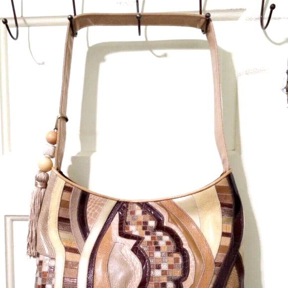 NEW Sharif BOHO WESTERN Beige Brown Patchwork 100% Croc Leather Shoulder Bag - Picture 4 of 14